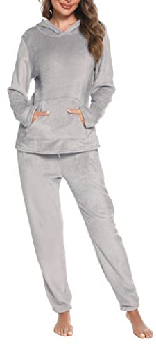 Lovasy Pigiama in Pile Donna Invernali Pigiami Due Pezzi a Maniche Lunghe con Cappuccio Set Pigiama Caldo Comodo e Soffice con Tasche A Grigio XL