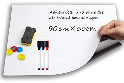 VOKUVIKU Whiteboard Folie Selbstklebende Magnetisches, Weißwandtafel Folie Whiteboard Sticker Büro Schule Zuhause Küche DIY Kreidetafel Wandaufkleber, Kann Geschnitten Werden, 90cm*60cm