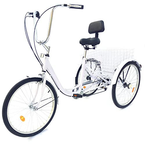kangten 24 Zoll Erwachsenes Fahrrad 6-Speed Dreirad 3-Räder Senioren Einkaufsfahrrad Dreirad mit Korb Behindertes Fahrrad Geeignet für Frauen Männer Weiß