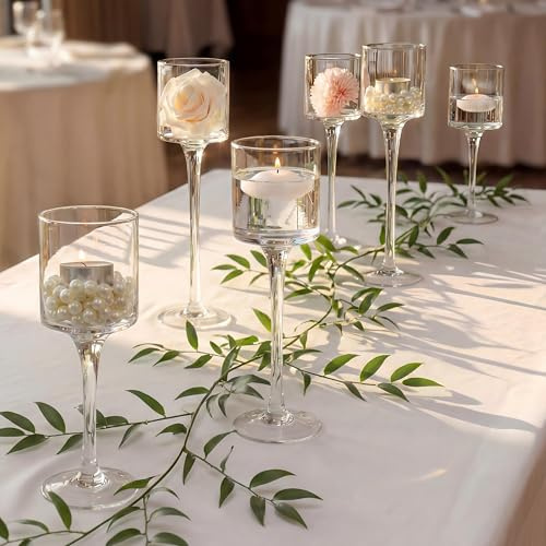 NUPTIO Glass Candle Holders, Set of 6 Stemmed Holders for Floating Candles | Tall Clear Glass Design, Stable Stem Base, Dining Table Centerpiece, Wedding Party, Home Decor