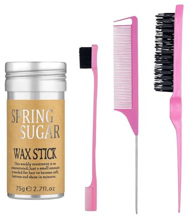 Lot de 4 bâtons de cire à cheveux lisses avec brosse à cheveux rose pour cheveux rebondissants, produits de coiffage essentiels pour femmes, enfants et filles propres