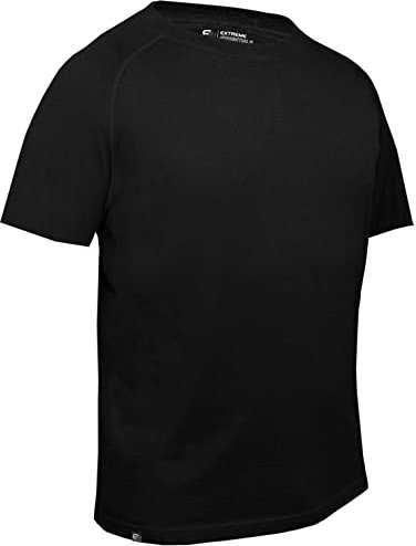 Extreme Essentials Mens Short Sleeve, Relaxed Fit Merino Base Layer/Baselayer, T-Shirt Lightweight top, Antibacterial, Quick Drying, Flat Seams, Hard Wearing (Medium, Black)