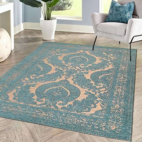 CARPETIA Teppich Schlafzimmer Orientialisches Muster Ornamente Pflegeleicht Schmutzabweisend | Petrol Gold, 200 x 290 cm