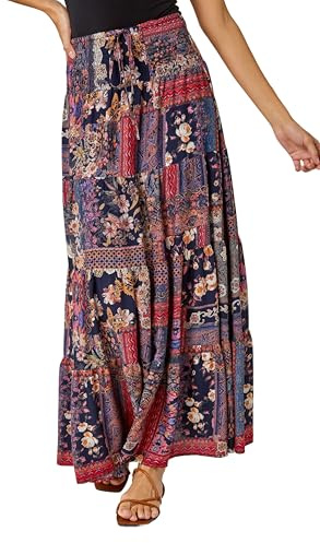 Roman Originals Boho Floral Shirred Waist Maxi Skirt for Women UK - Ladies Everyday Holiday Spring Summer Comfy Soft Evening Vacation Work Party - Red & Multi - Size 16