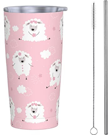 RFSHOP Cute Pink Lambs Travel Coffee Mug 590ml Tumbler with Lid and Straw Leakproof Thermal Stainless Steel Cup for Hot Cold Drinks