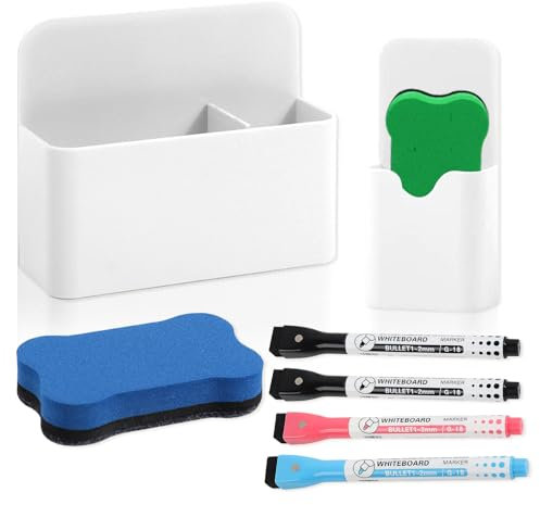 Yeria Magnetischer Stiftehalter Set, 2 Halter + 4 Marker + 2 Schwämme, Whiteboard Zubehör für Schule, Büro, Kühlschrank, Spind