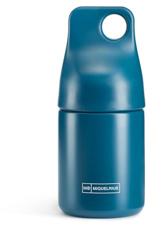 Miquelrius - Thermosflasche, Maße: Ø70 x 155 mm, Fassungsvermögen 200 ml, luftdichter Schraubverschluss, Ring zum Aufhängen, BPA-freie Edelstahlflasche, Blau