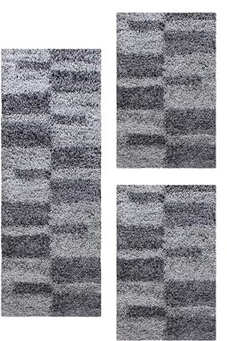 Carpetsale24, Set 3 Tappeti Shaggy Grigio per Camera da Letto – Pelo Lungo, Motivo a Quadri – 2x 80x150 cm + 1x 100x200 cm – Morbidi e Facili da Pulire