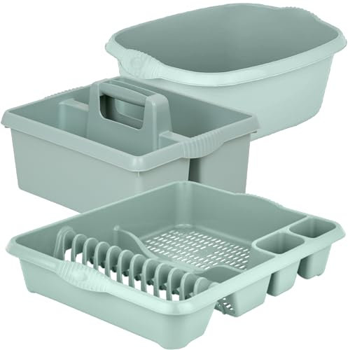 KetoPlastics Sage Green Kitchen Set - 3 Piece - 14L Rectangular Washing Up Bowl, Large Dish Drainer, Sink Organiser Tidy Caddy - Made in UK