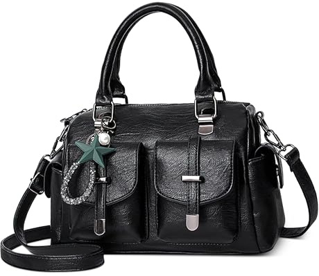 FOLOVEYA Handtasche Damen Mittelgroß Leder PU Retro Henkeltaschen Umhängetasche mit Elegant Anhänger Frauen Taschen Schultertasche für Arbeiten Reisen Dating Schwarz
