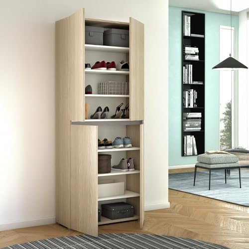 Dmora - Großer Mehrzweck-Kleiderschrank Bacopa, Schuhregal mit verstellbaren Regalen, Schuhschrank mit 4 Türen, 100% Made in Italy, 80 x 37 x 195 cm, Olmo