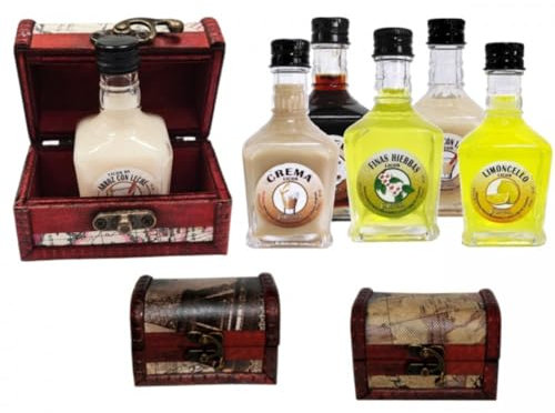 Lote de 5 Botellas de Licor Toscana La Rivera Sabores Surtidos con Baúl de Madera Mapas. Regalos Originales. Detalles de Bodas, Comuniones, Bautizos, Cumpleaños y Eventos.DC