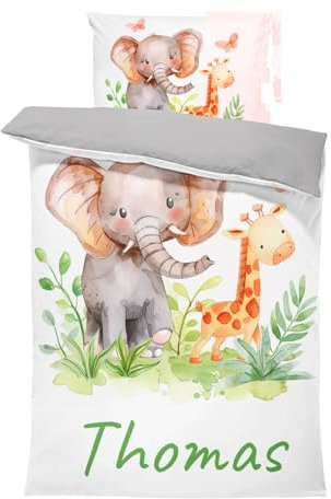 Pictogogo Dschungeltiere-Design Kleinkindbettwäsche für Mädchen und Jungen, Personalisiert, Wählbare Unterfarbe (Weiß, Rosa, Blau, Grau), Oeko-TEX, 100 x 135 cm