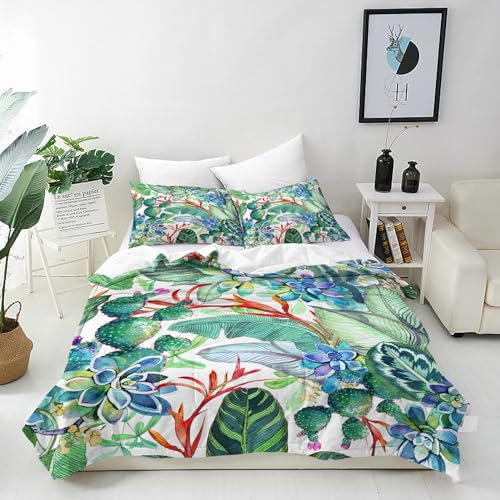 ANHOPE Tropisch Kaktus Blatt Bettwäsche Set Weich Microfaser Druck Bettbezüge mit Reißverschluss 3 Teilig Bettbezug 200x220 cm & 2 Kissenbezug 80x80 cm Ganzjahres Bettdeckenbezug Set