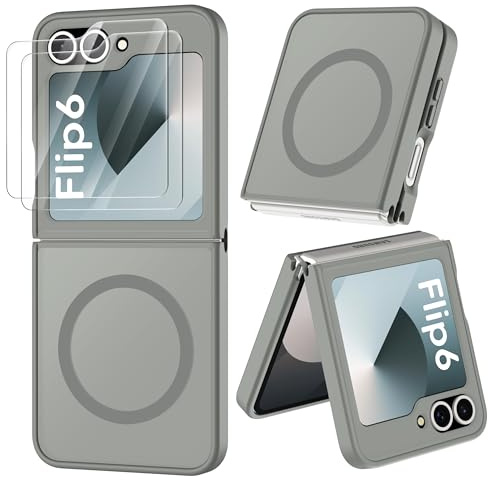 ORETECH Magnetic Case for Samsung Galaxy Z Flip 6 Case - Grey | 2 Pack Screen Protector, Translucent Back Non-Slip Hard PC Shockproof Cover