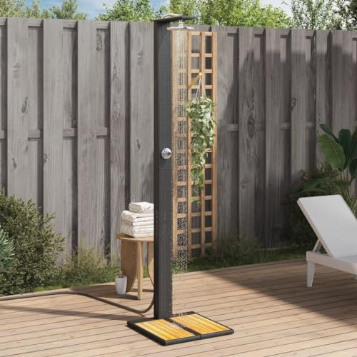 Gecheer Doccia da Esterno, Polyrattan Nero 50x55x224 cm con Base in Legno di Acacia e Soffione Regolabile, Doccia Esterna per Giardino, Piscina e Cortile