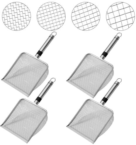 Lot de 4 tamis de jardin en acier inoxydable, 2/2,8/3,8/5 mm, tamis à compost avec poignée, tamis de jardin, tamis à compost en acier inoxydable, pelle à terreau portable pour le jardinage et