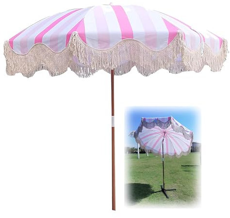 Parasol en Toile, Parasol de Plage bohème à Franges Blanches, mât en Acier UPF50+ Amovible, Parasol de terrasse inclinable avec Sac de Transport(Red White)