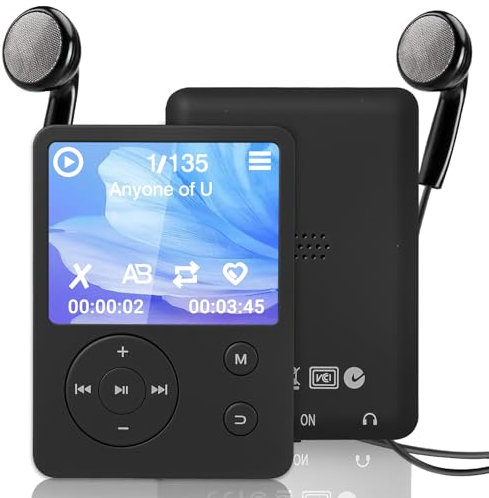 MP3-Player mit Bluetooth 5.2, 32 GB Speicher, Ultra Slim Musik-Player mit 1,8 Zoll Bildschirm, Lautsprecher, FM-Radio, Video, Sprachaufzeichnung, E-Book-Reader, für Sport und Reisen