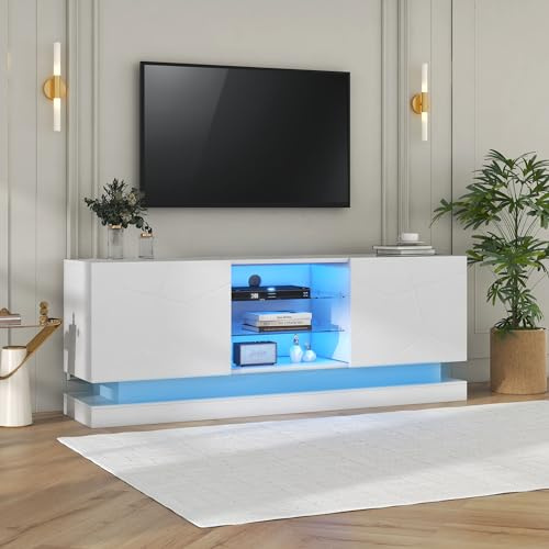 ModernLuxe High Gloss TV Stand Cabinet with 4 Open Shelf and 2 Storage Cabinet, Suitable for 70 TV, LED TV Units for Living Room, Entertainment Center Media Console, White, 160x38.5x60cm