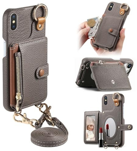 SLLMYYX for iPhone XS Max Case with Crossbody Lanyard Strap Leather Case with Mirror, Ring clasp Protective Cover for iPhone XS Max, Grey