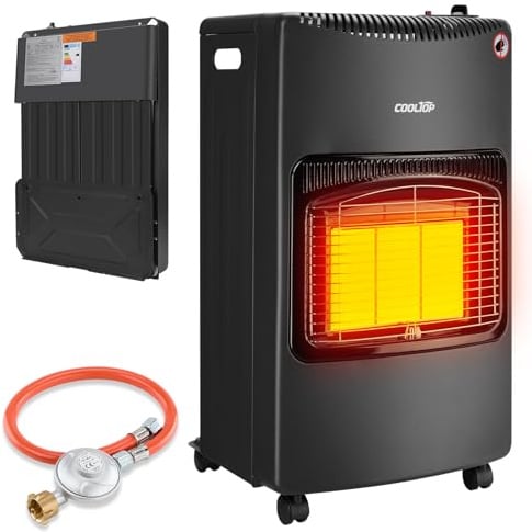 Cooltop 4200W Keramik Gasheizer, Gasheizung Für Innenräume, Heizstrahler Gas Für Butan-oder Propangasflaschen bis 15kg, Ohne Gasflasche, inkl. Druckregler, Gasschlauch (Schwarz)