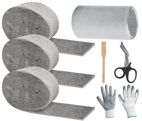 Steel Wool Mice Control, 3 Pack 2.75 x 13FT 0000 Steel Wool for Mice Control & 1 Pack 5 x15FT Stainless Wire Mesh with Wooden Stick & Gloves & Scissors, Hole Filler for House Walls Garden Garage
