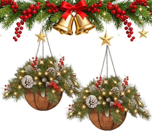 UZIPZ Christmas Hanging Baskets for Outdoors, Greplant Winter Hanging Baskets with Lights, Pre-Lit Artificial Christmas Hanging Basket with Pine Cones and Berries, Outdoor Christmas Decorations (2)