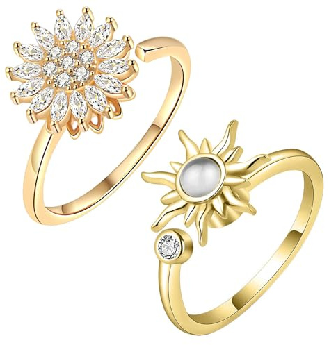 CHUANFU 2 Stück Anxiety Ring für Damen Frauen, Anti Stress Ring Offener, Spinner Ringe Verstellbar Fidget Ringe, Sonnenblume Zirkonia Zappelringe Stapelbare für Stress Abbauen