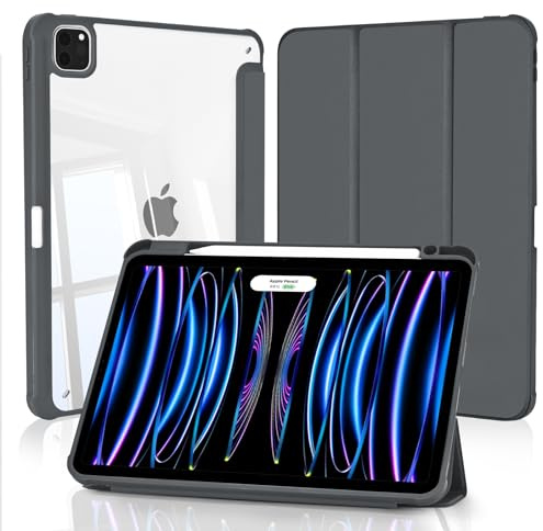 4UBonLife Coque pour iPad Pro 11 Pouces 2022/2021/2020/2018 avec Porte-Stylet, Housse de Protection Dos Transparente Claire Rigide, Étui Tablette Antichoc Mince, Gris sidéral