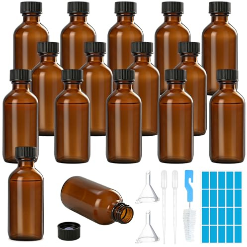 Amentalove 16 Bouteilles en Verre Ambré pour Extrait de Vanille 60ml, Bruns Verres avec Bouchons,Entonnoirs et Autocollants, Bouteilles Brunes de Pharmacie pour Extraits Maison et Huiles Essentielles