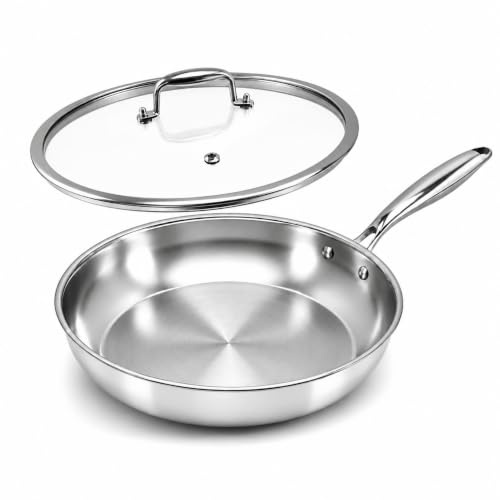 Nontoxicook 28cm 5-Ply Stainless Steel Frying Pan with Lid | Professional Uncoated Skillet for Even Heating, Suitable for All Hobs Including Induction and Oven Safe to 315°C