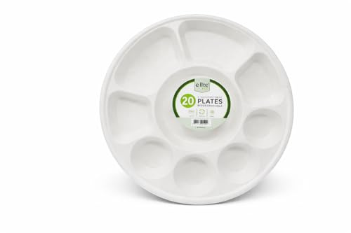 e-lite® 9 Compartment Round Compostable Serving Platter | Heavy Duty Sugarcane Bagasse Divided Party & Snack Plates | Eco Friendly Disposable Catering Platters | Meal Platters | Thali (20)