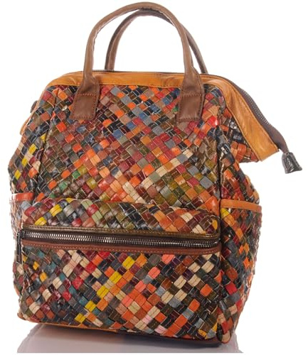 KMISSO Damen Rucksack Patchwork geflochten Cityrucksack bunt mit Reißverschluss Handtasche Look 25 x 31 x 15 cm