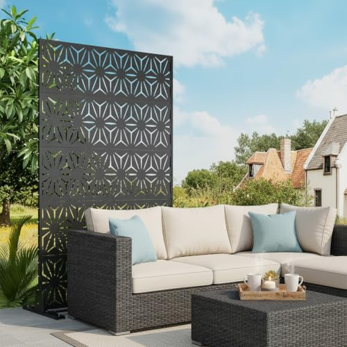 Freistehend Metall Sichtschutzwand, 5-Teilig Verstellbarer Paravent Outdoor für Garten & Terrasse, Trennwand aus Verzinktem Stahl, Windschutz & Sichtschutz inkl, Dreieck-Muster, 112x182cm, Schwarz