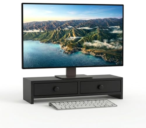 Relaxdays Monitorständer, 2 Schubladen, HxBxT: 12,5 x 47 x 18 cm, schwarz | MDF, Monitorerhöhung Schreibtisch, PC Ständer