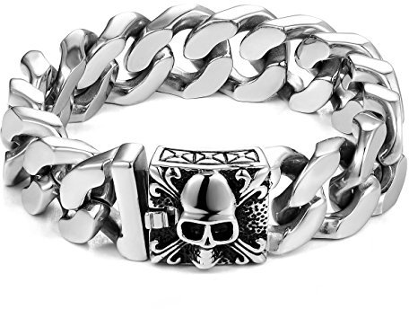 URBAN JEWELRY Unique 23 cm Men's Stainless Steel Silver Skull Head Link Chain Bracelet