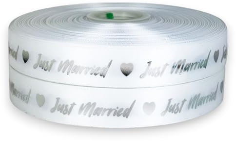 Just Married White and Silver coloured ribbon 2m x 22mm for cakes, wrapping paper, bows, attachments, gift packaging, boxes, balloons, cards, handicrafts, customizable, wedding anniversary