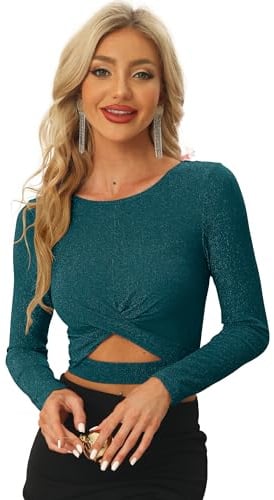 Allegra K Damen Crop Top Festival Outfit Glitzer Langarm Rundhals Crop Top Bauchfreies Shirt