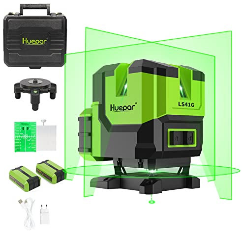 Huepar Multi-Linie Kreuzlinienlaser-4 Vertikale und eine 360° Horizontale Linien mit Lot, grünem Kreuzlinien-selbstnivellierendem Laserwerkzeug -Drehbasis, Hebebasis, 2 Li-Ionen-Batterien LS41G