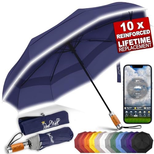 Royal Walk Paraguas de viaje plegable resistente al viento, compacto y fuerte, mango de madera auténtica, apertura automática, doble toldo ventilado para hombres y mujeres, azul oscuro, L, Moderno