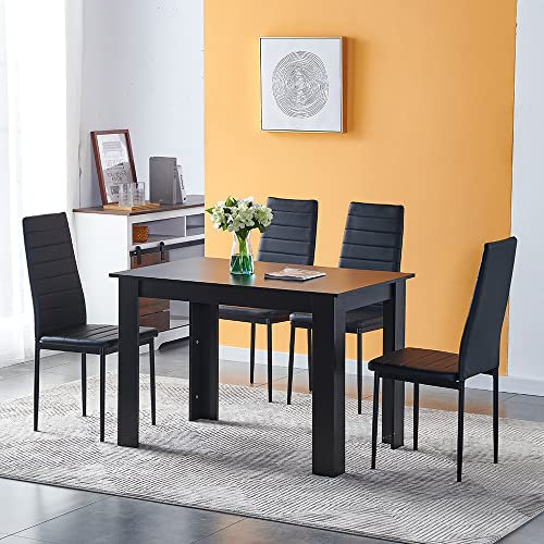 Modern Black Dining Room Table Wooden and Pu Leather Chairs Set of 4 for Small Space, 5pcs Kitchen Rectangular Table with 4 Chairs Set Space-saving (black table and 4 black leather chairs)