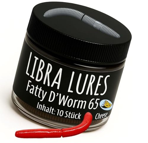 Libra Lures Fatty D`Worm 65mm Forellenköder Supersoft | 10 Stück | Aroma: Käse | Farbe: 021/ Red | Gummiköder | Forellenköder Neuheiten | Erfolgreicher Forellen Angeln mit dem Fatty