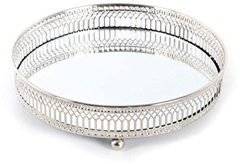 KARRMA Mirror Glass Metal Antique Decorative Candle Plate Display Tray ~ Centerpiece Candle Tray, Perfume TrayTealight Candle Plate (20CM, Silver)