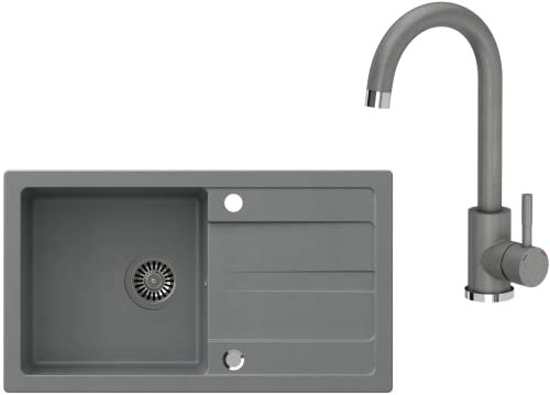 VBChome Spülbecken mit Armatur Grau 77 x 43,5 cm Granit Einzelbecken Einbauspüle Abtroffläche Gesprenkelt Reversibel Verbundspüle Küchenarmatur + Siphon
