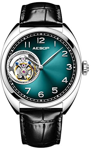 Aesop Tourbillon Herren-Armbanduhr, Skelett, mechanisch, Handaufzug, analog, Edelstahl, Saphirkristall, Spiegel, wasserdicht, Business-Luxus-Uhr mit Lederband 7056, Green