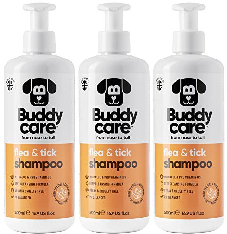 Floh- & Zeckenhundeshampoo von Buddycare - Beseitigt Flöhe, Zecken & Milben - Tiefenreinigungsshampoo für Hunde, Flohshampoo mit Teebaumöl & Eukalyptus für Hunde (500ml x3)