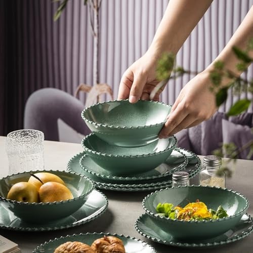 MissYIP 12-teiliges Melamin-Geschirr-Set, Service für 4 Personen, leicht, unzerbrechlich, BPA-frei, lebensmittelechte Teller, spülmaschinenfest, nicht mikrowellengeeignet, nicht ofen, Innen- und