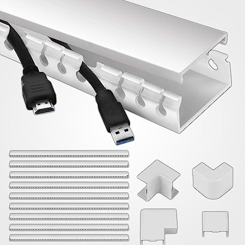 LEDBRITE Cable Trunking, 9 Pieces of Cable Management Kit, 3.5M Open Slot Cable Raceway Duct with Cover, Desk Cable Tidy Concealer Cord Organizer to Hide Wires for TVs, Computers etc... (White)