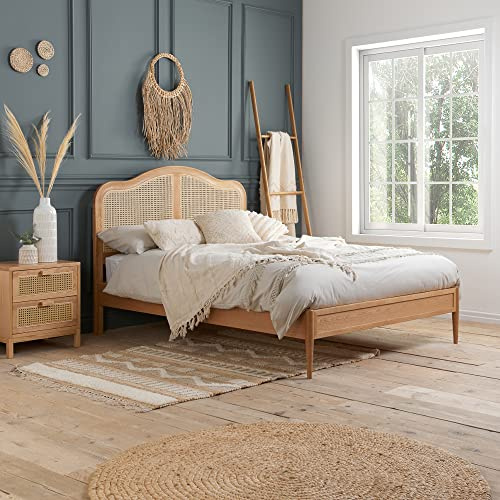 happybeds Leonie Oak Wooden Bed, 5ft King, Rattan Headboard, Low Foot End | 5ft King, Wooden Bed, Rattan Headboard, Oak, Rattan Detail, Slatted Base, Low Foot End, 150 x 200 cm, French-Inspired Design